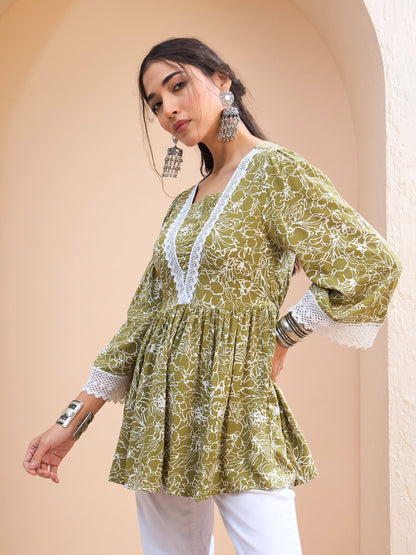 Green Floral V-Neck Peplum Kurti