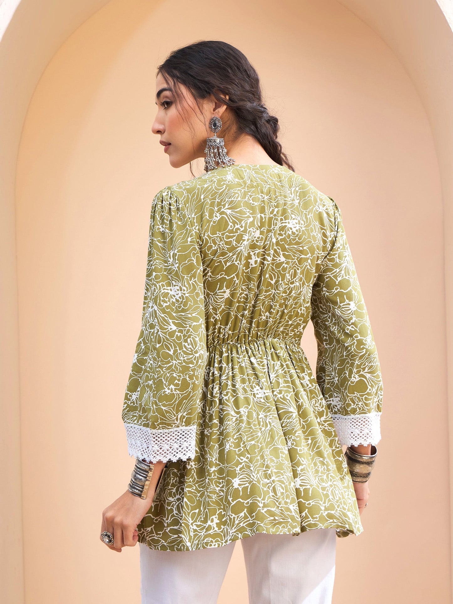 Green Floral V-Neck Peplum Kurti