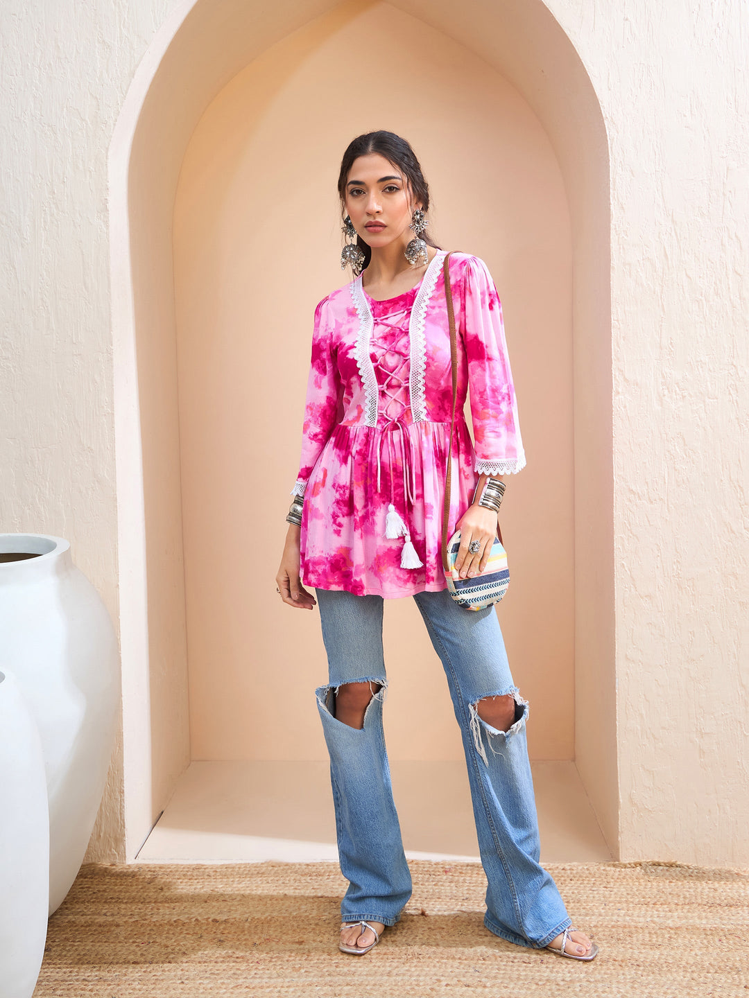 Pink Tie &amp; Dye Front Criss Cross Peplum Kurti-Shae by SASSAFRAS