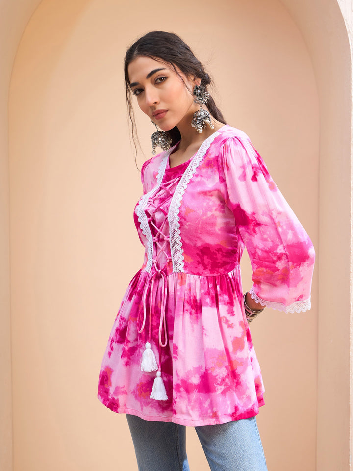 Pink Tie &amp; Dye Front Criss Cross Peplum Kurti-Shae by SASSAFRAS
