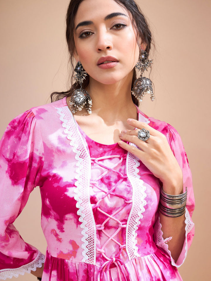 Pink Tie &amp; Dye Front Criss Cross Peplum Kurti-Shae by SASSAFRAS