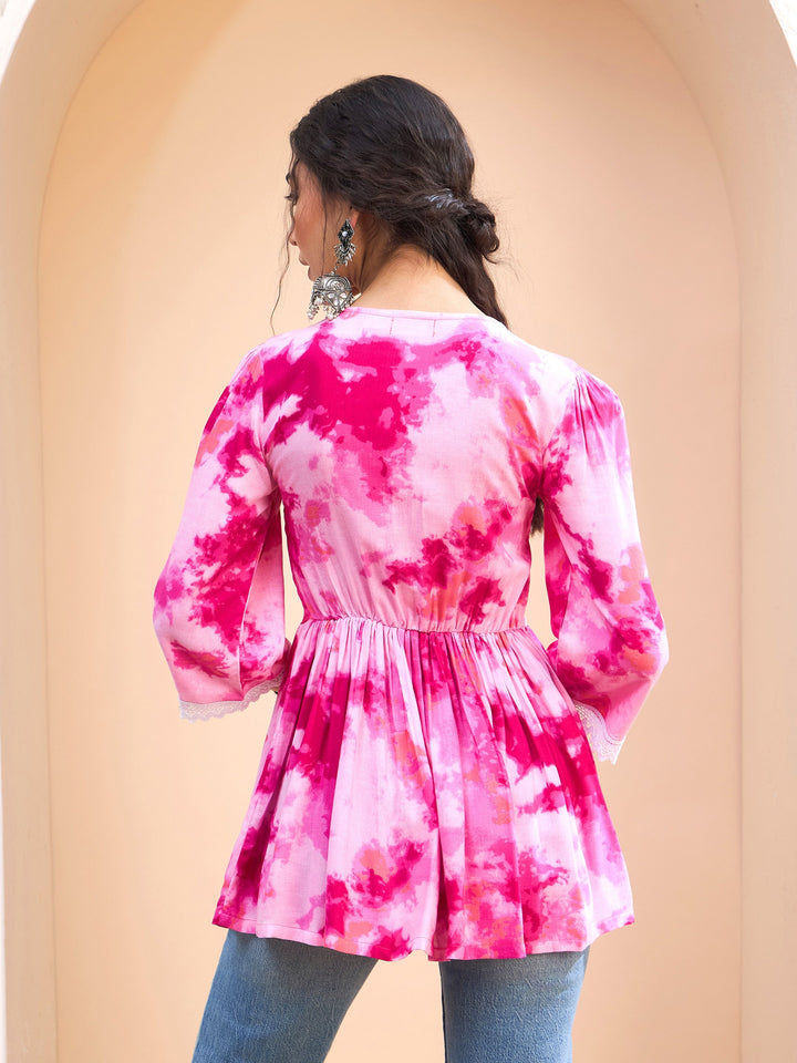 Pink Tie &amp; Dye Front Criss Cross Peplum Kurti-Shae by SASSAFRAS