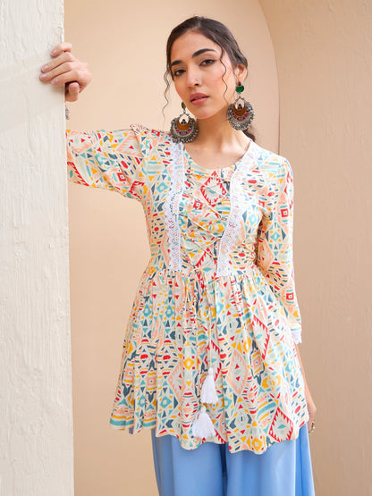 Beige Geometric Front Criss Cross Peplum Kurti