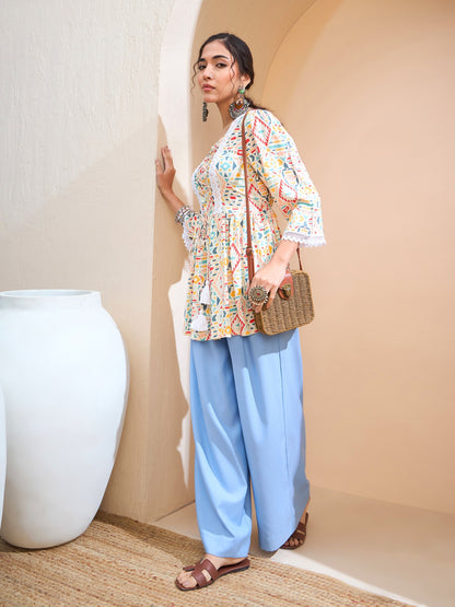 Beige Geometric Front Criss Cross Peplum Kurti
