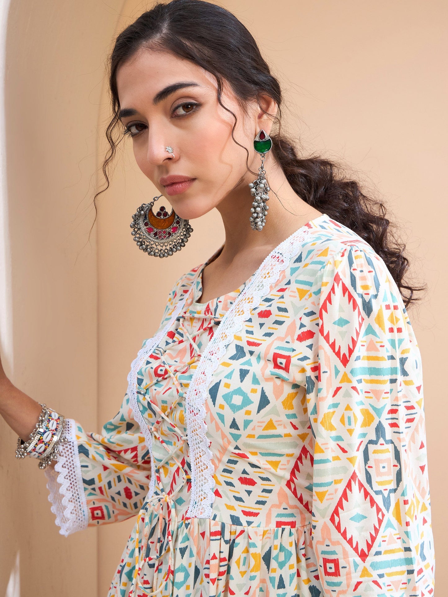 Beige Geometric Front Criss Cross Peplum Kurti