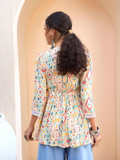 Beige Geometric Front Criss Cross Peplum Kurti