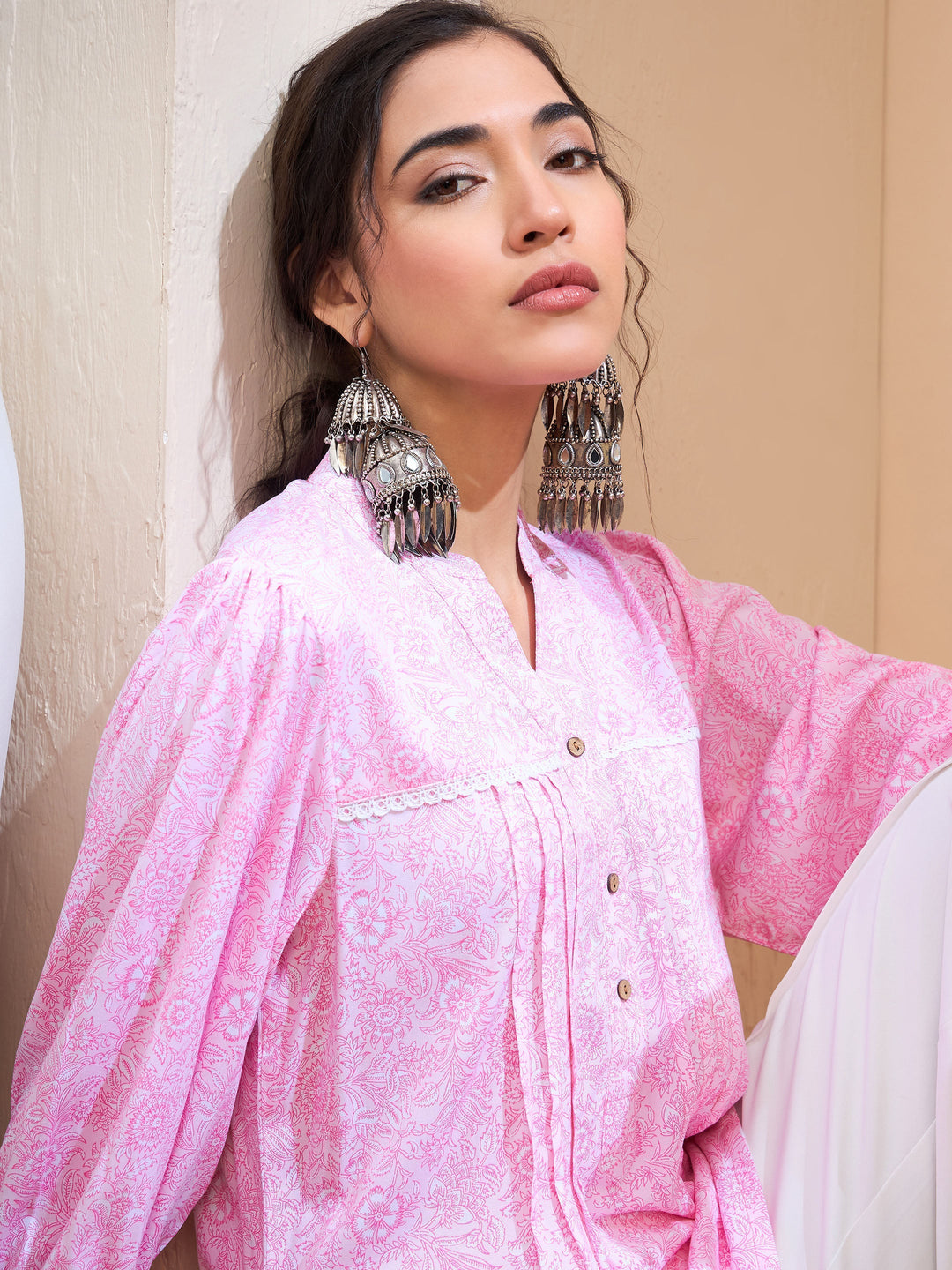 Pink Floral Pin Tuck Detail Shirt-Shae by SASSAFRAS