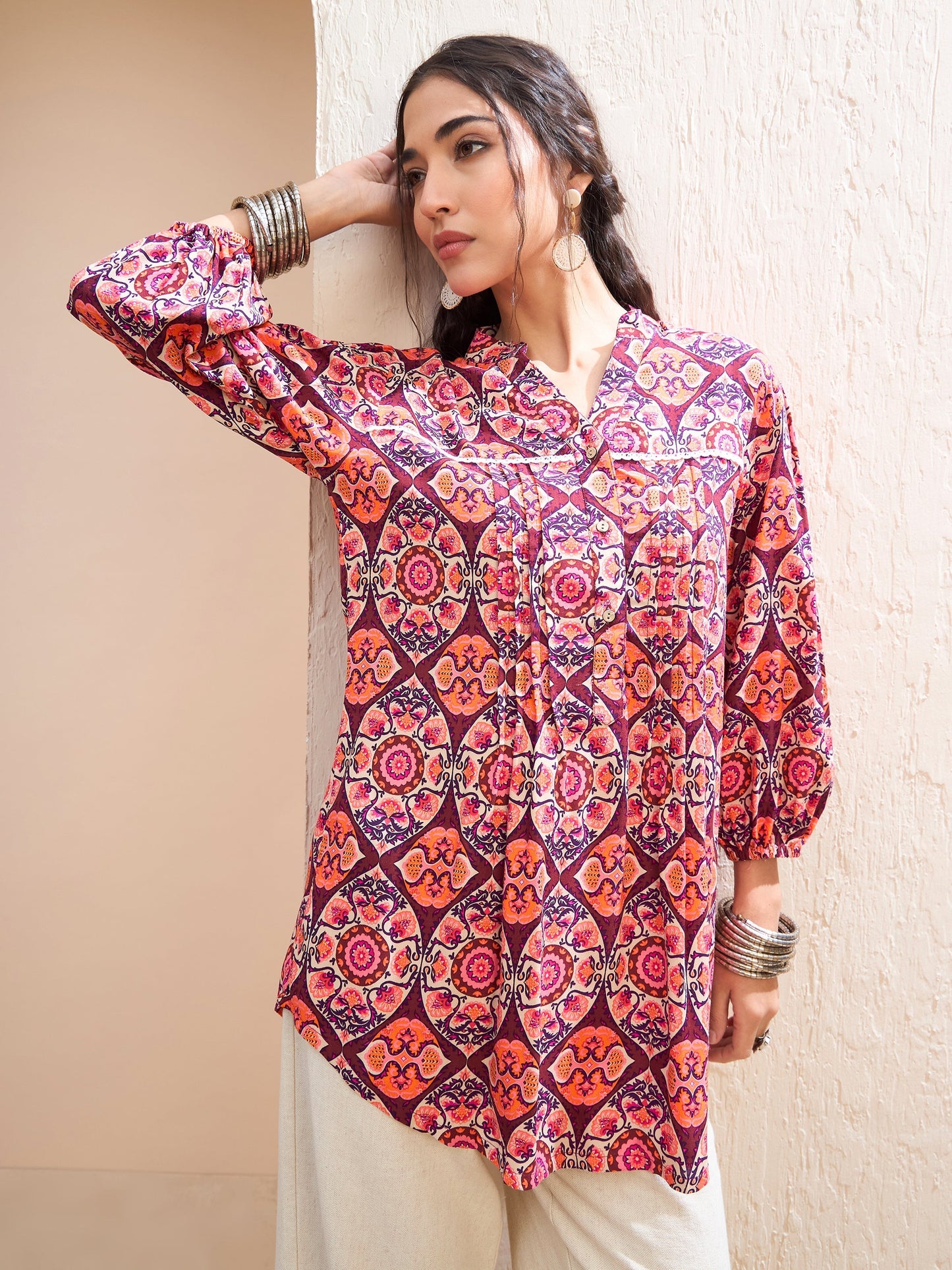 Women's Women Maroon Floral Pin Tuck Detail Shirt in Rayon by Shae for wholesale, bulk, supplier, manufacturer and wholesaler buyers from Trendphoria