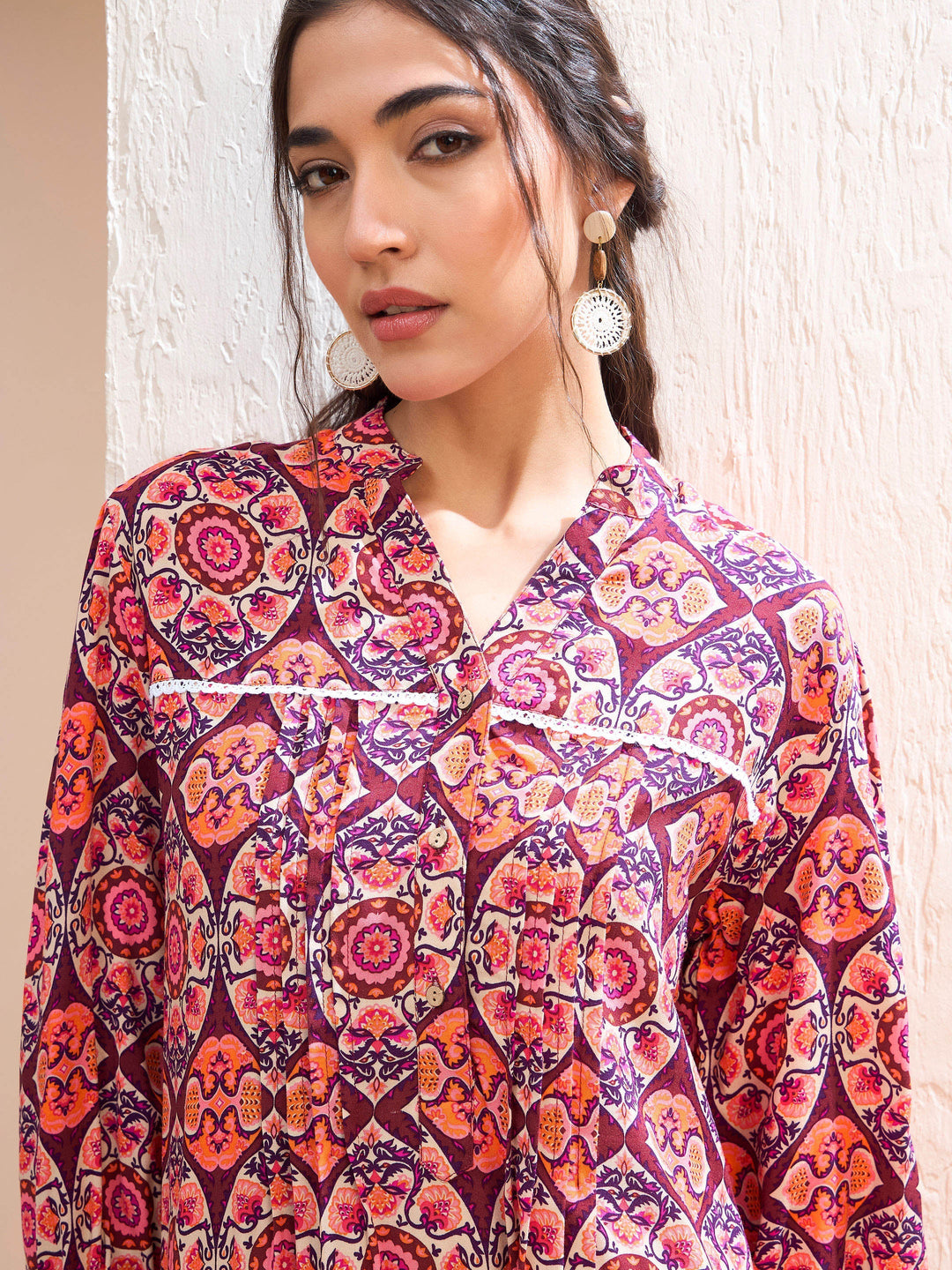 Maroon Floral Pin Tuck Detail Shirt -Shae by SASSAFRAS