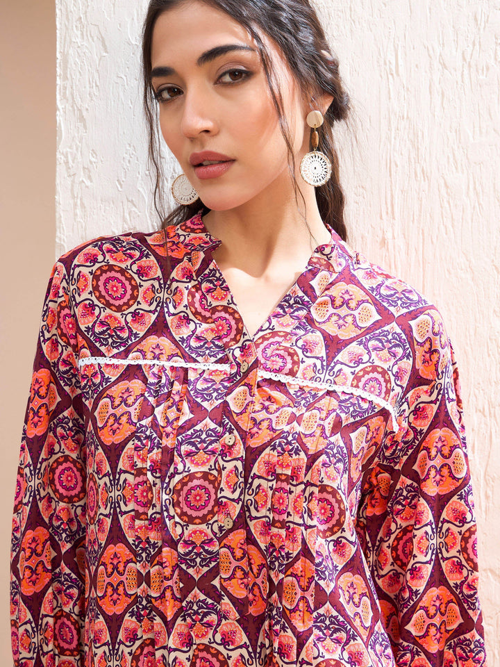 Maroon Floral Pin Tuck Detail Shirt -Shae by SASSAFRAS
