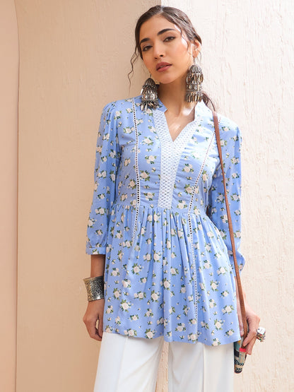 Blue Floral Front Lace Peplum Kurti