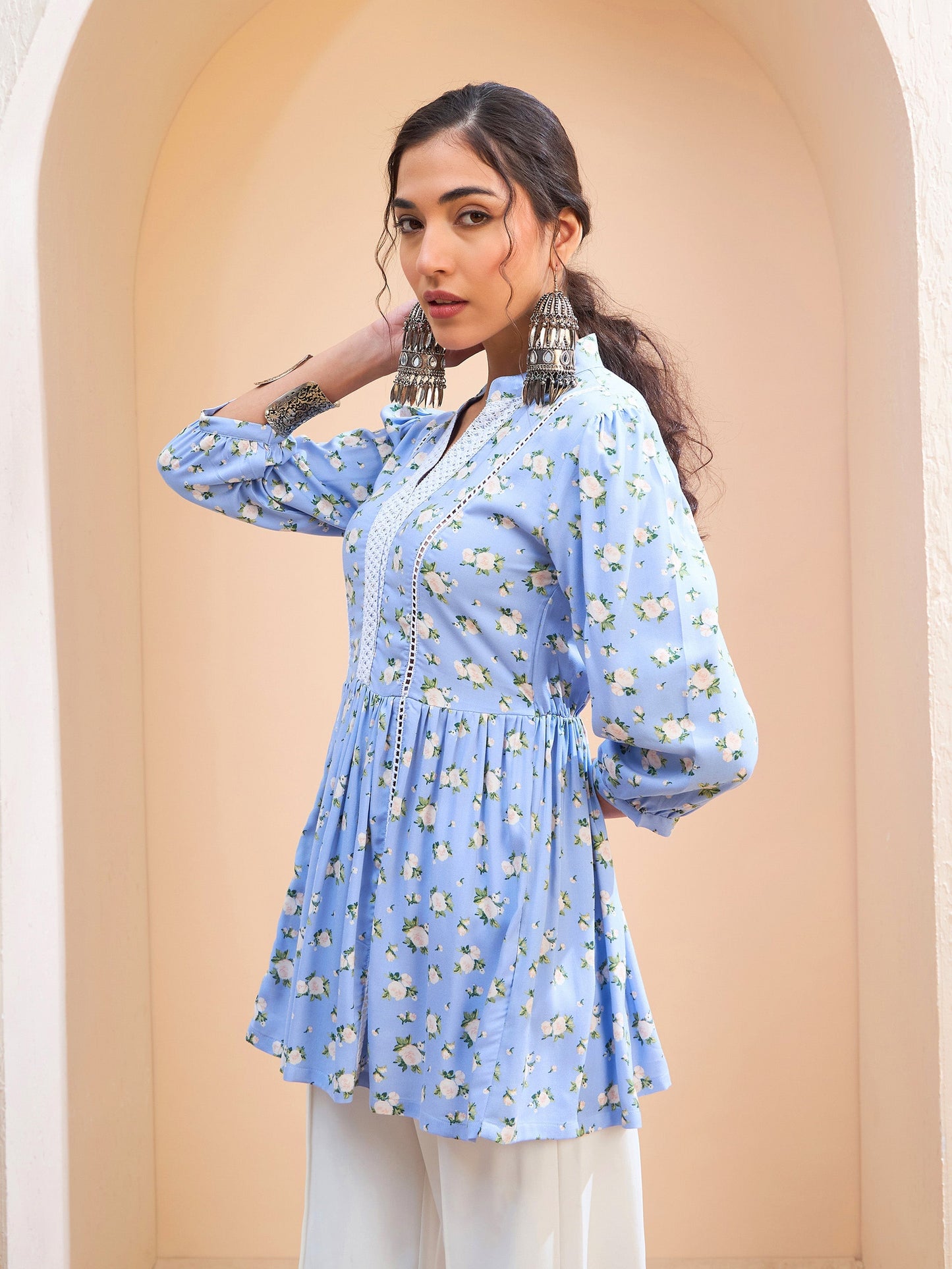 Blue Floral Front Lace Peplum Kurti