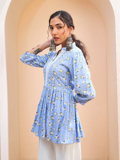Blue Floral Front Lace Peplum Kurti