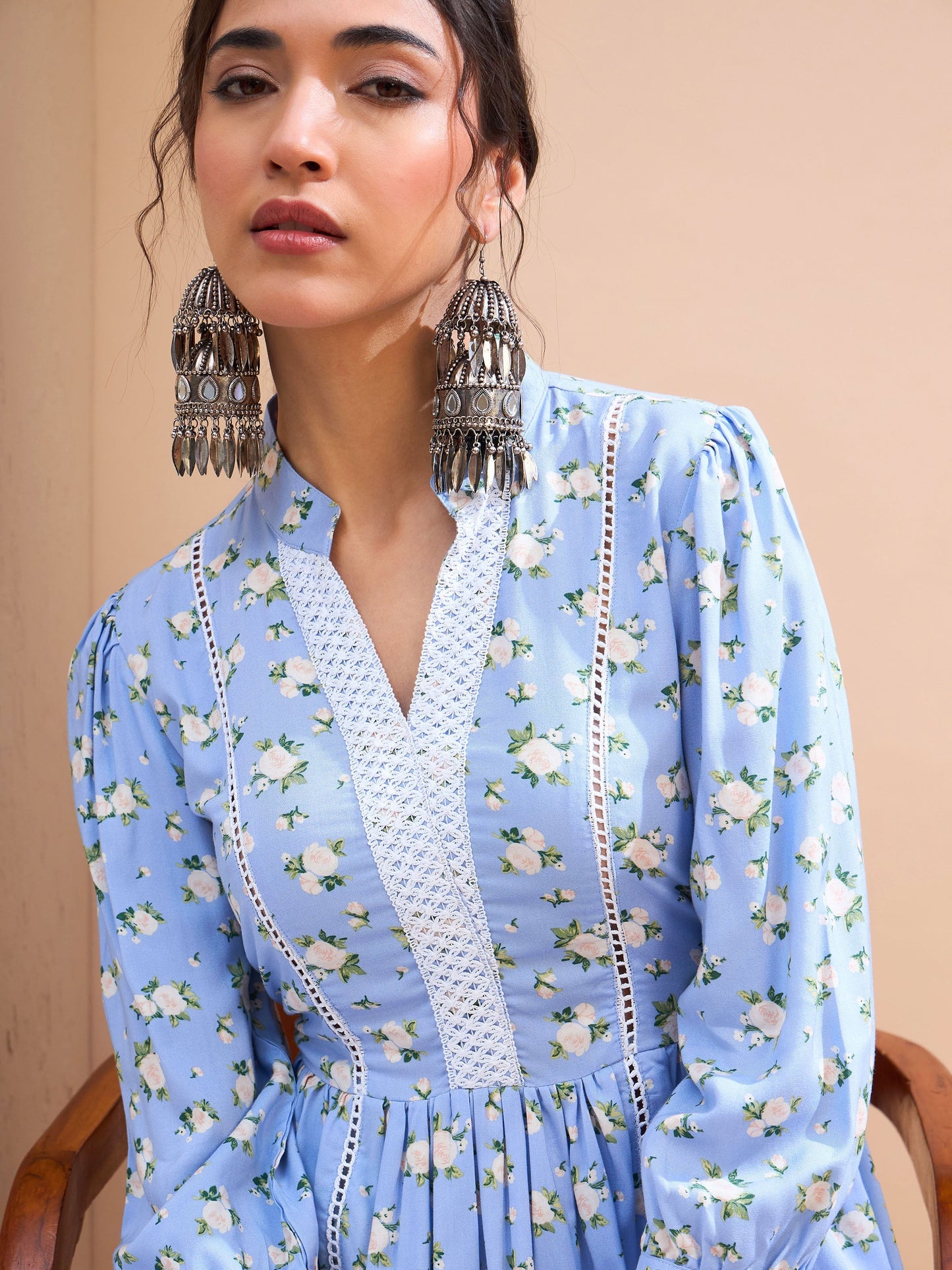 Blue Floral Front Lace Peplum Kurti