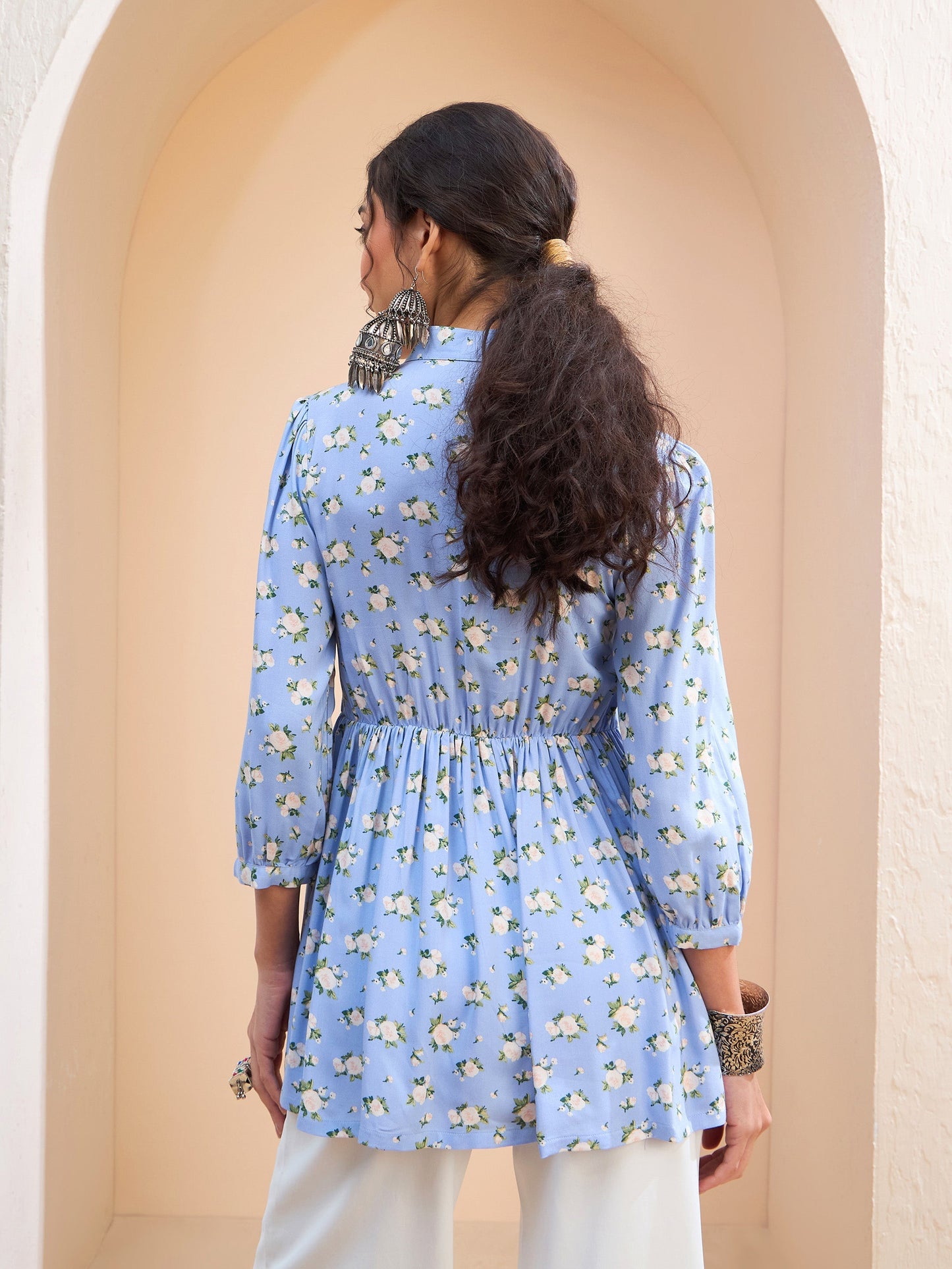 Blue Floral Front Lace Peplum Kurti