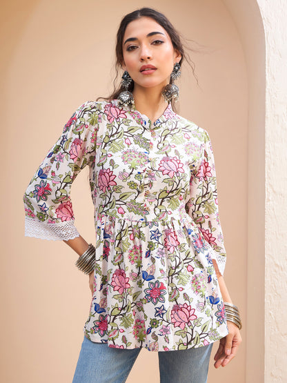 Women's Women White Floral Buttoned Gathered Kurti in Rayon by Shae for wholesale, bulk, supplier, manufacturer and wholesaler buyers from Trendphoria
