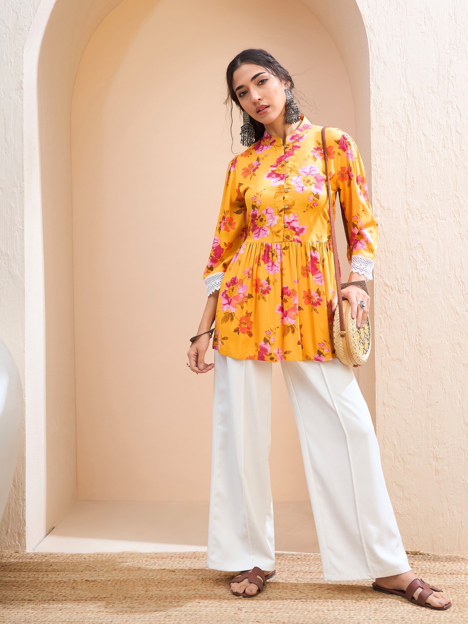 Yellow Floral Buttonned Gathered Kurti-Shae by SASSAFRAS