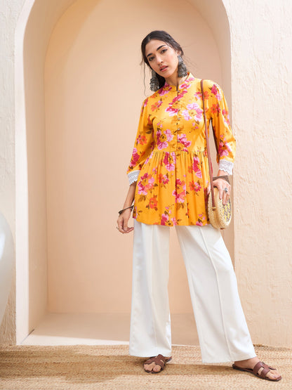 Yellow Floral Buttonned Gathered Kurti-Shae by SASSAFRAS