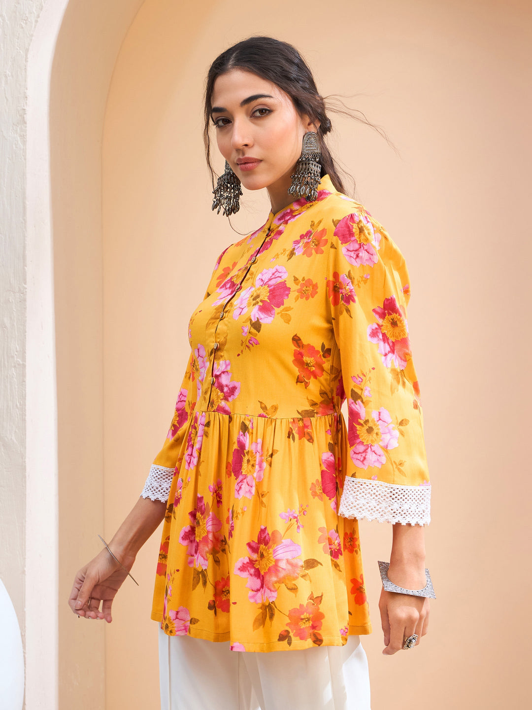 Yellow Floral Buttonned Gathered Kurti-Shae by SASSAFRAS