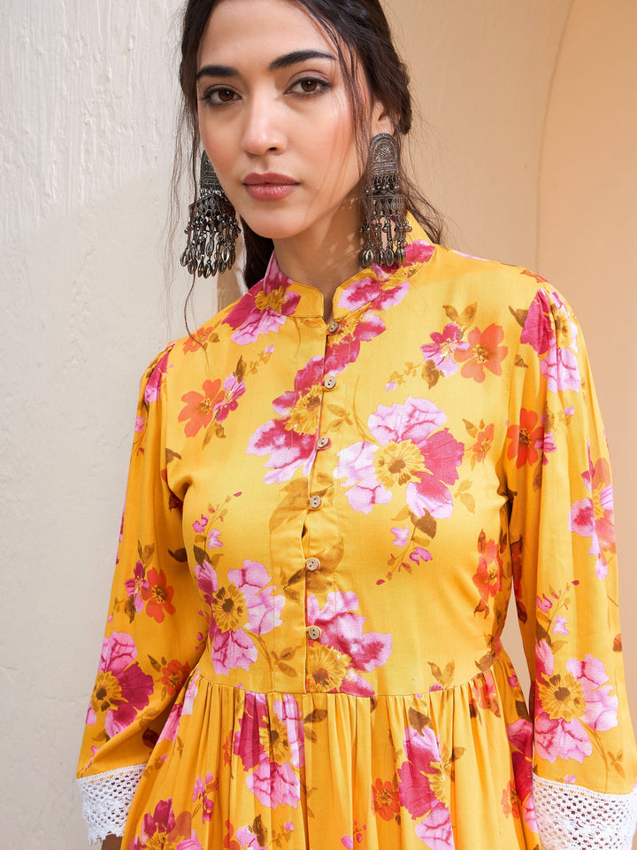 Yellow Floral Buttonned Gathered Kurti-Shae by SASSAFRAS