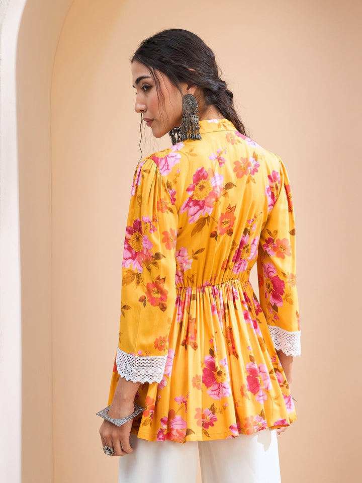 Yellow Floral Buttonned Gathered Kurti-Shae by SASSAFRAS