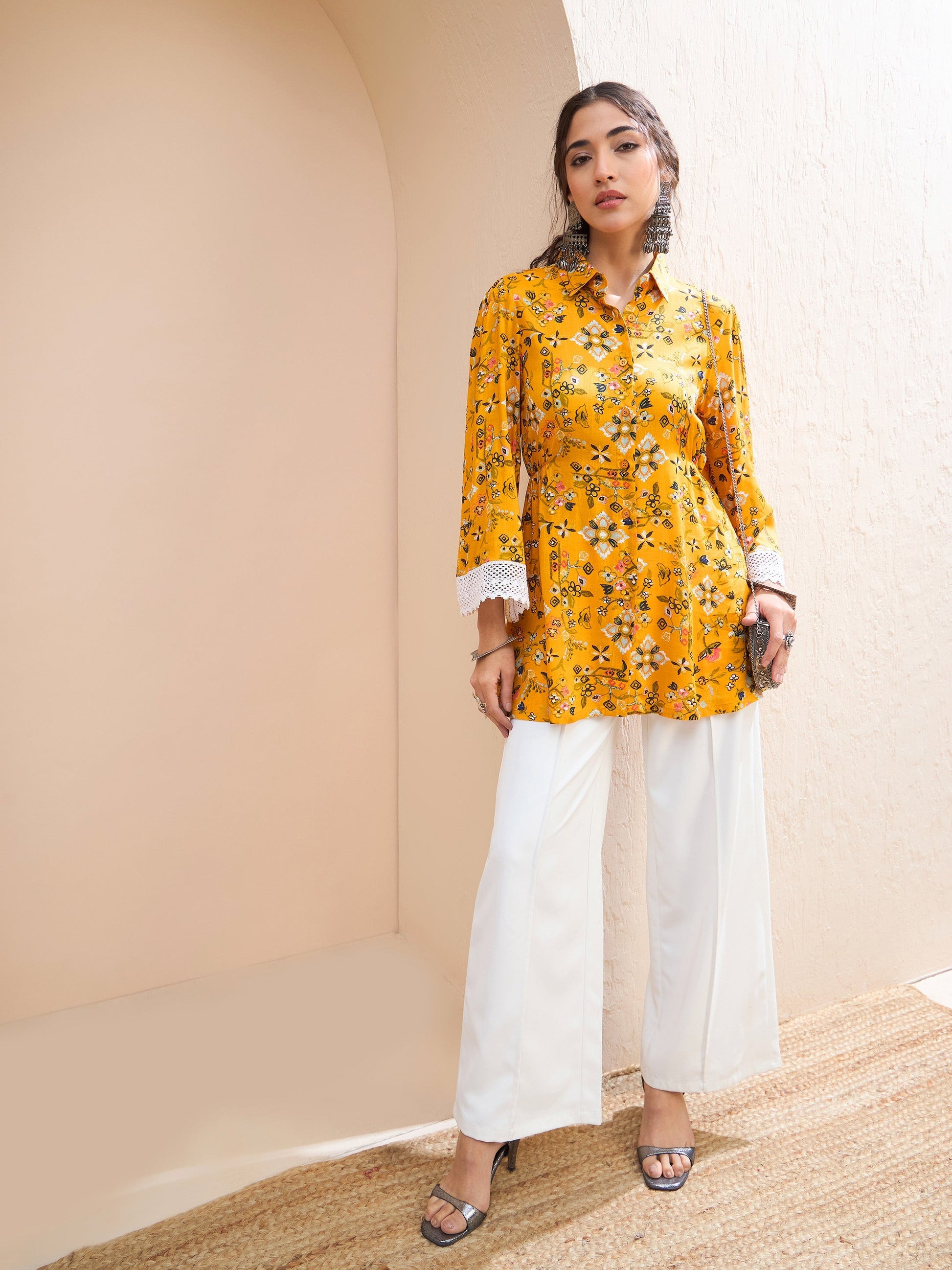 Mustard Floral Buttonned Collar Neck Kurti -Shae by SASSAFRAS
