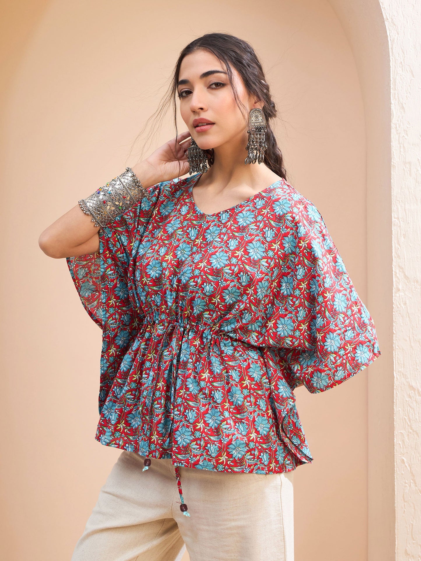 Red Floral Kaftan Kurti