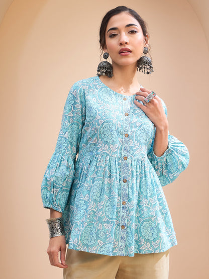 Blue Floral Wood Buttonned Gathered Kurti