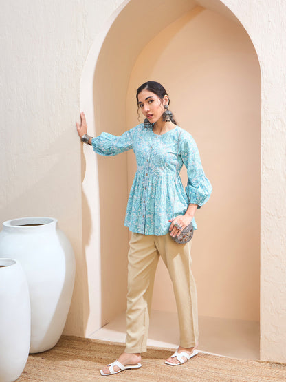 Blue Floral Wood Buttonned Gathered Kurti
