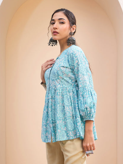 Blue Floral Wood Buttonned Gathered Kurti