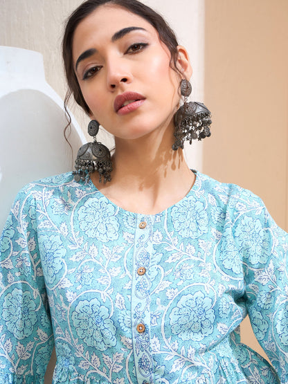 Blue Floral Wood Buttonned Gathered Kurti