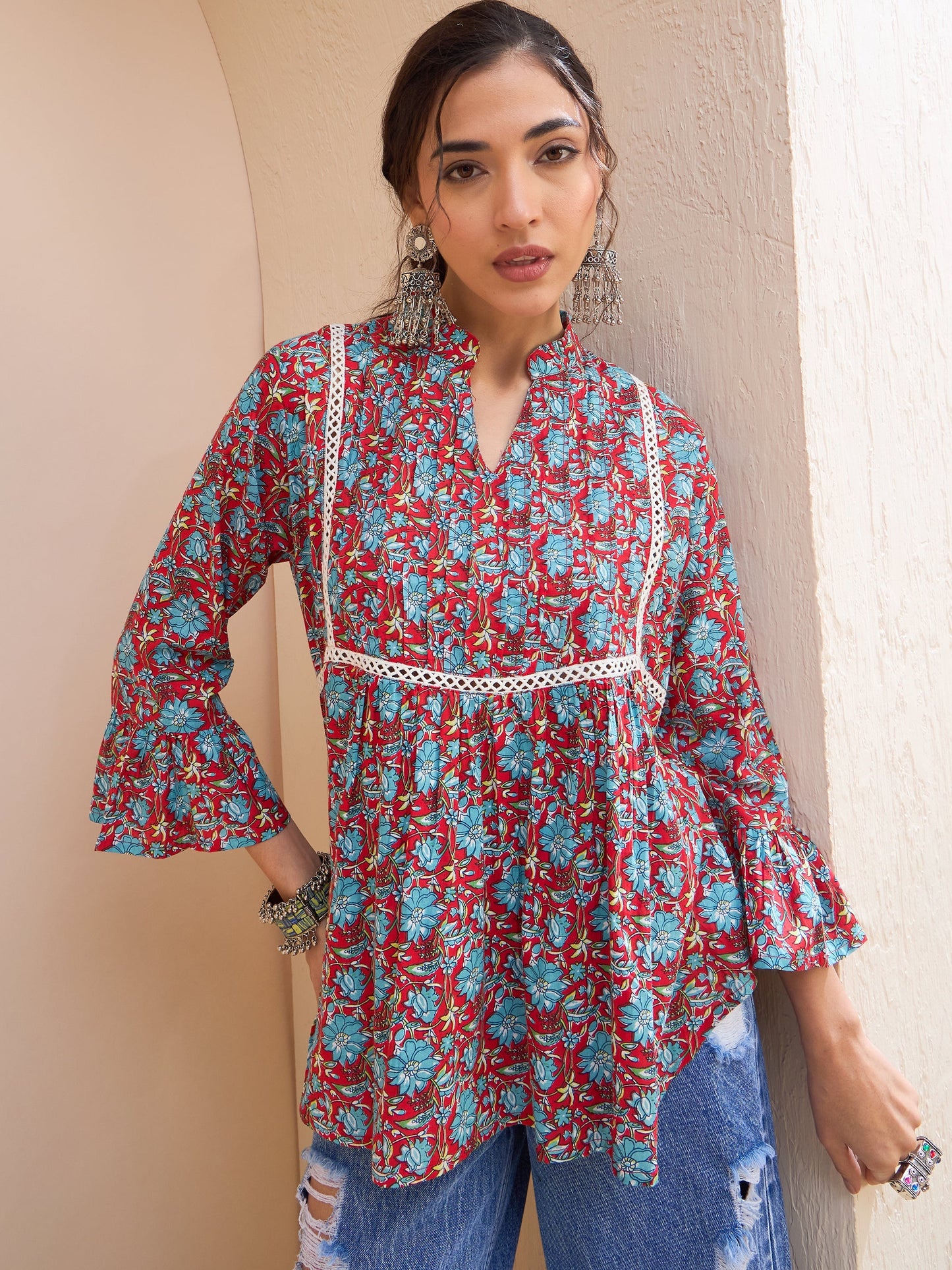 Women's Women Red Floral Front Pin Tuck Kurti in Cotton by Shae for wholesale, bulk, supplier, manufacturer and wholesaler buyers from Trendphoria
