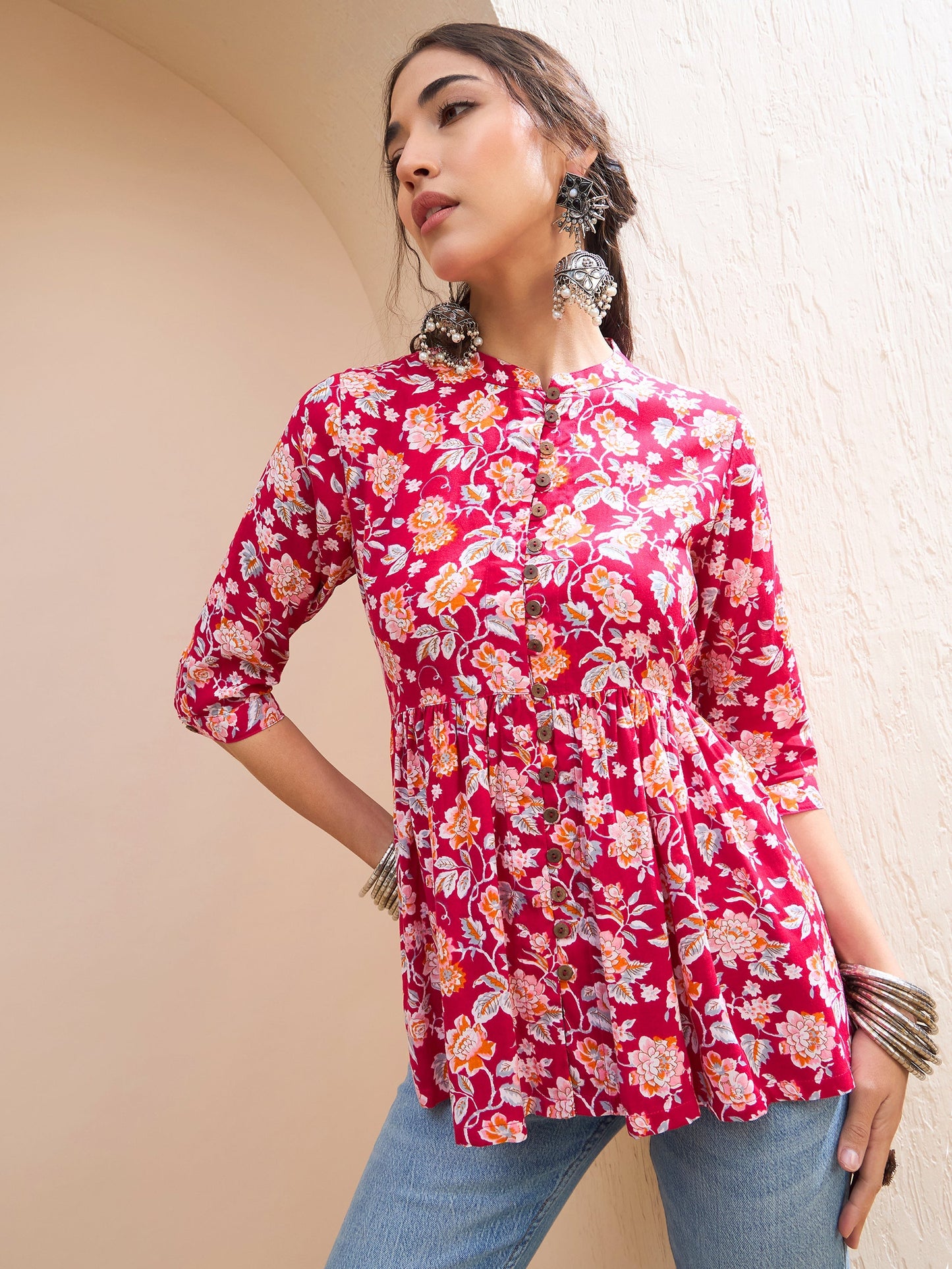 Women's Women Red Floral Buttoned Gathered Kurti in Rayon by Shae for wholesale, bulk, supplier, manufacturer and wholesaler buyers from Trendphoria