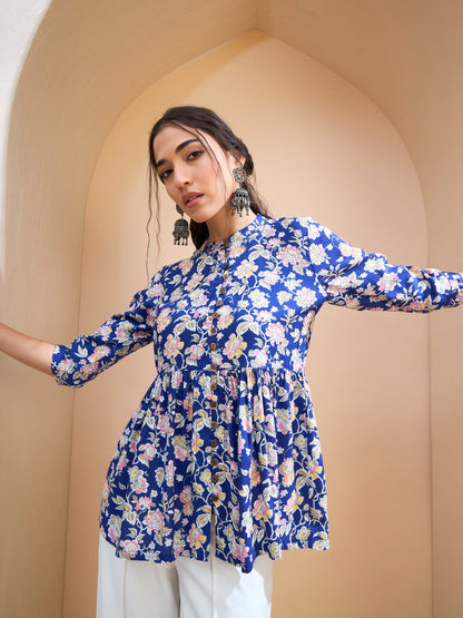 Women's Women Blue Floral Buttoned Gathered Kurti in Rayon by Shae for wholesale, bulk, supplier, manufacturer and wholesaler buyers from Trendphoria