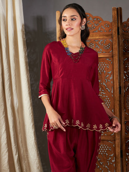 Maroon Zari Embroidered Peplum Top