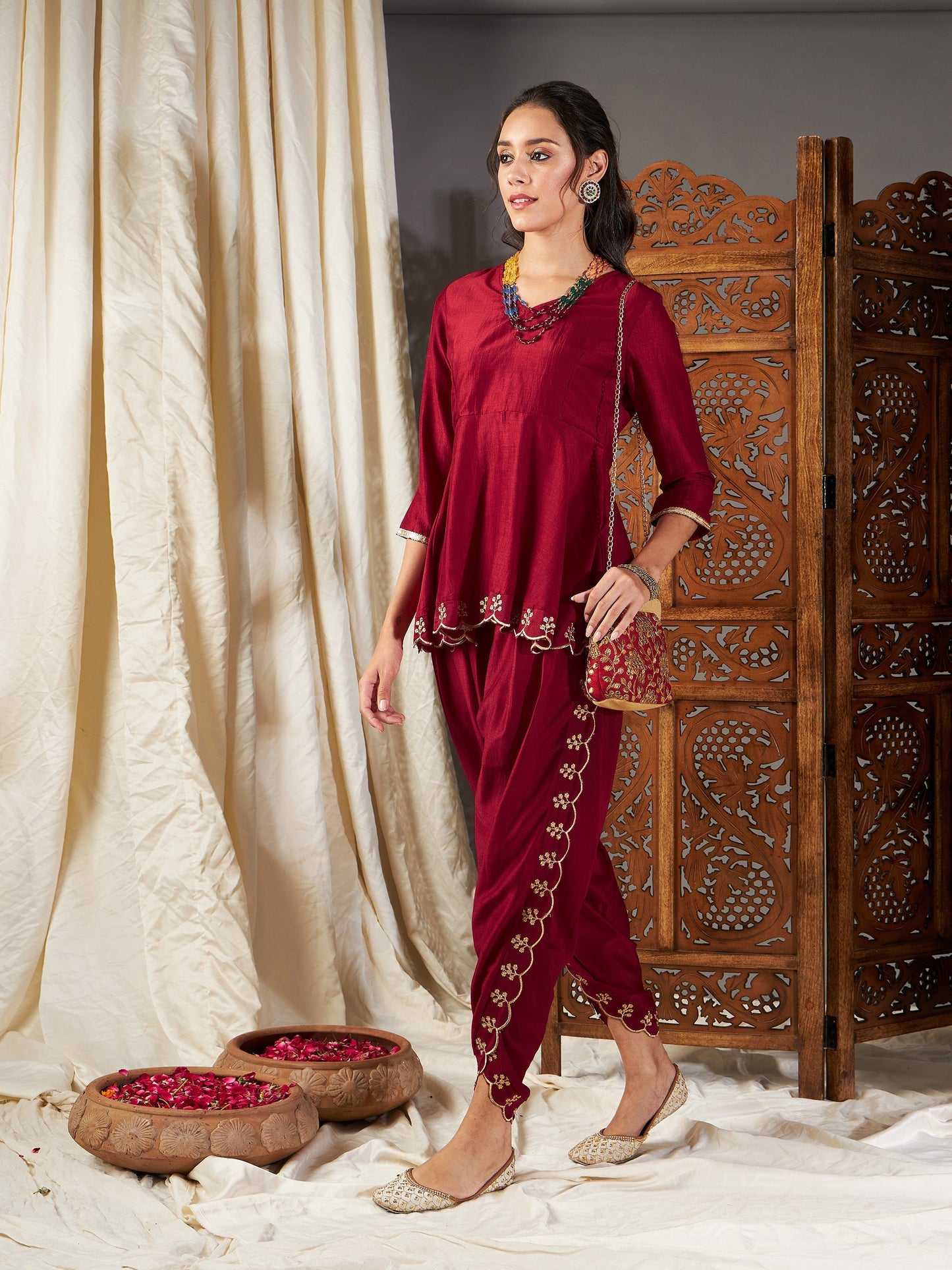 Maroon Zari Embroidered Peplum Top