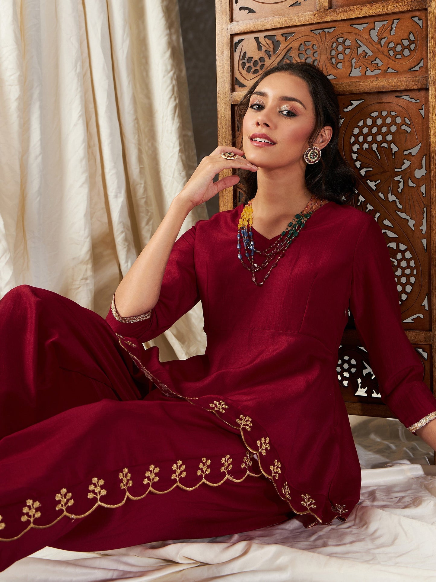 Maroon Zari Embroidered Peplum Top