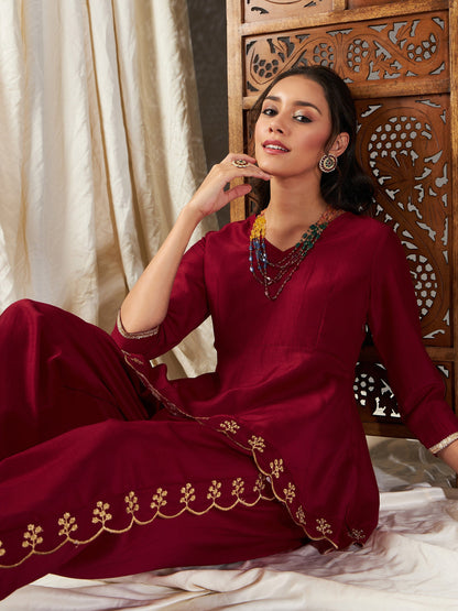 Maroon Zari Embroidered Peplum Top
