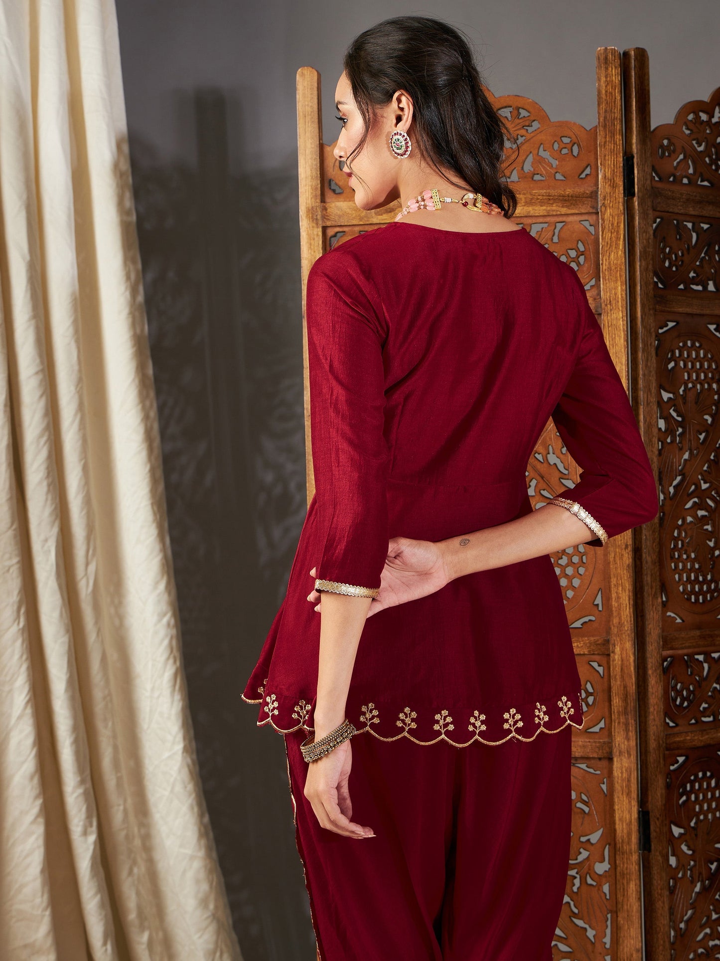 Maroon Zari Embroidered Peplum Top