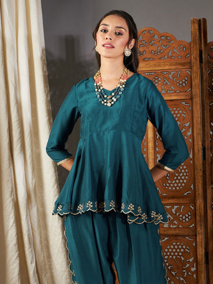 Teal Zari Embroidered Peplum Top
