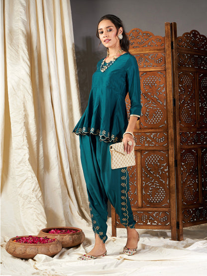 Teal Zari Embroidered Peplum Top