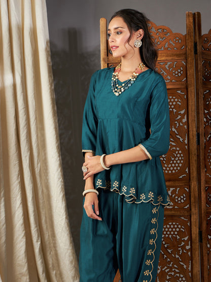 Teal Zari Embroidered Peplum Top
