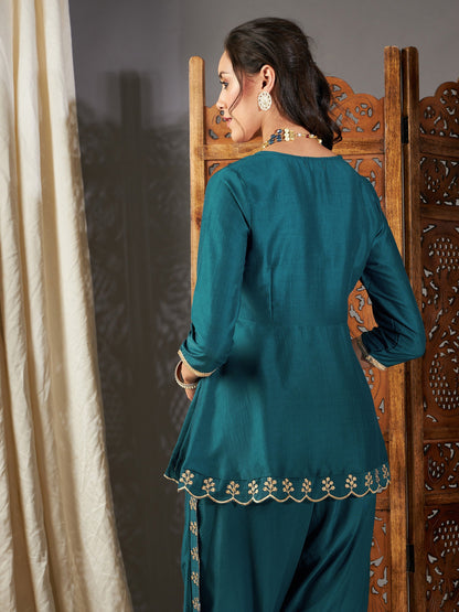 Teal Zari Embroidered Peplum Top