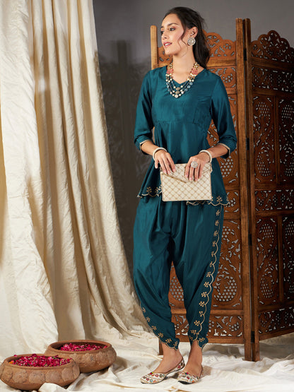 Teal Zari Embroidered Peplum Top