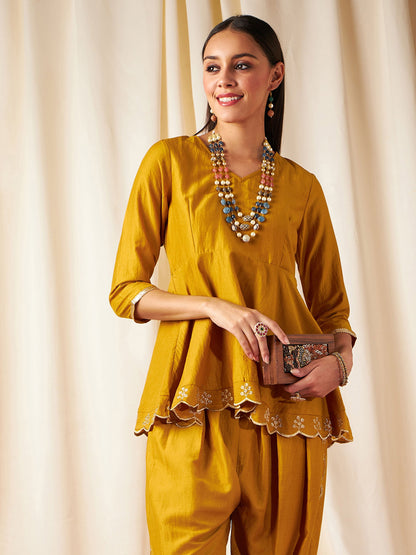 Mustard Zari Embroidered Peplum Top