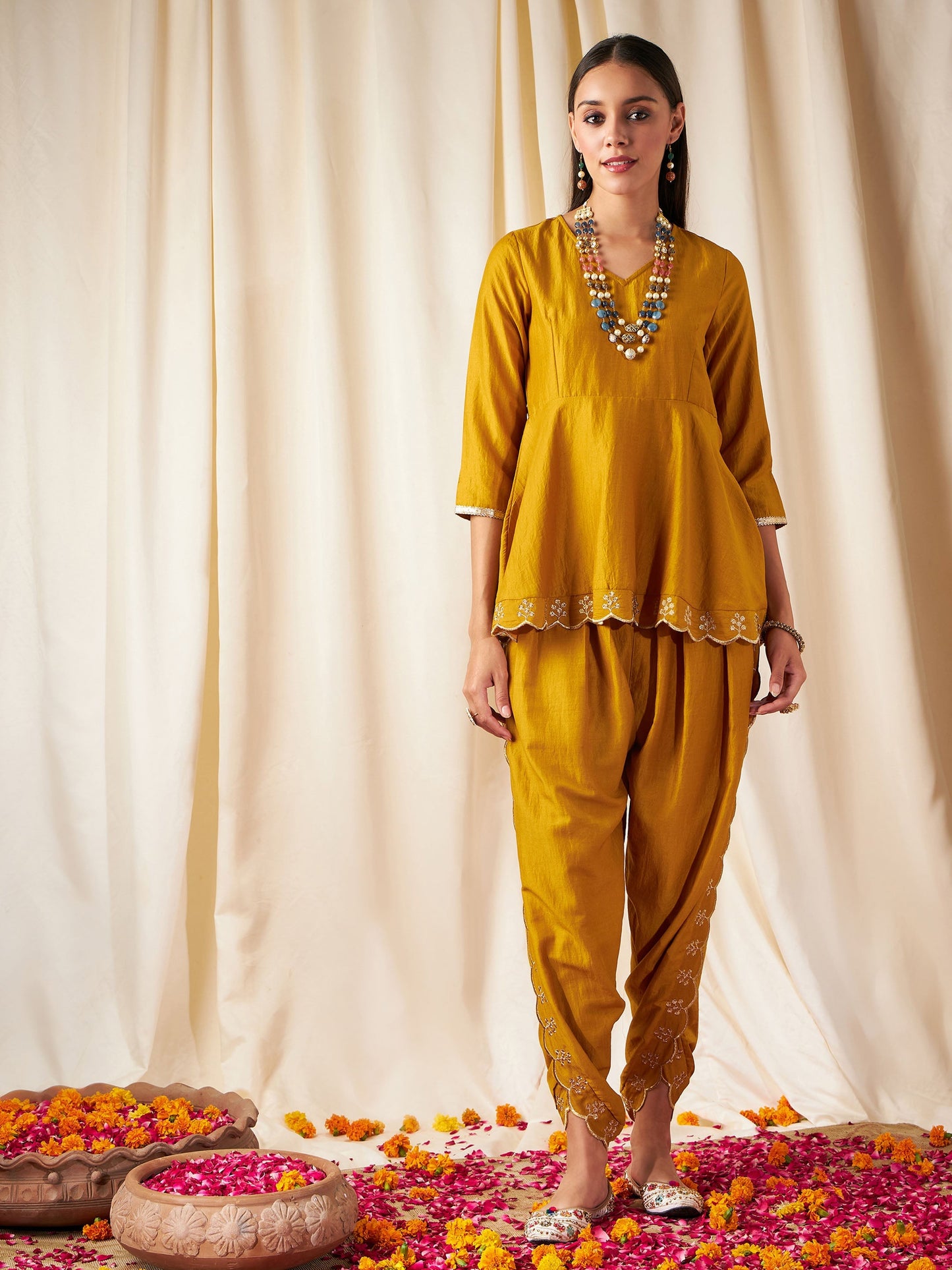 Mustard Zari Embroidered Peplum Top