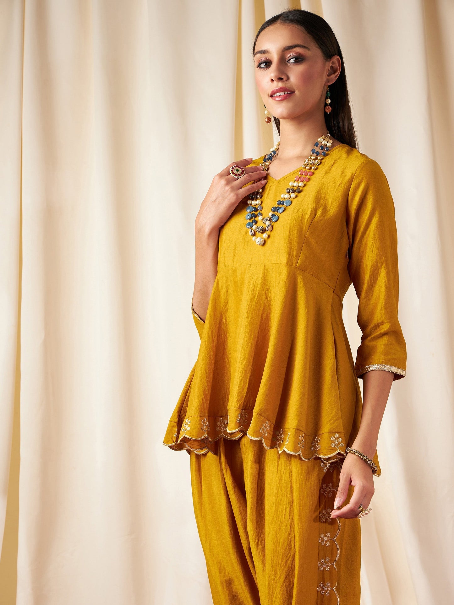 Mustard Zari Embroidered Peplum Top