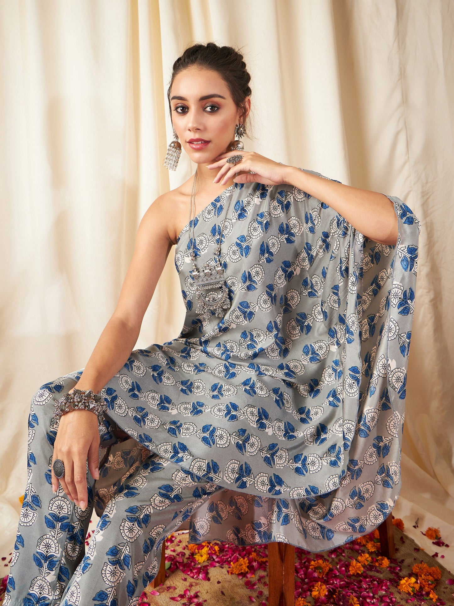 Grey Floral One Shoulder Kaftan Top