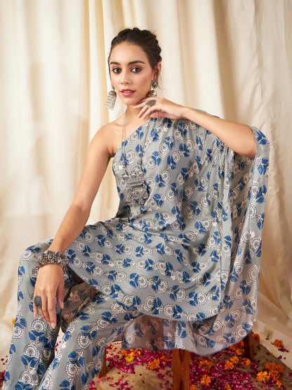 Grey Floral One Shoulder Kaftan Top