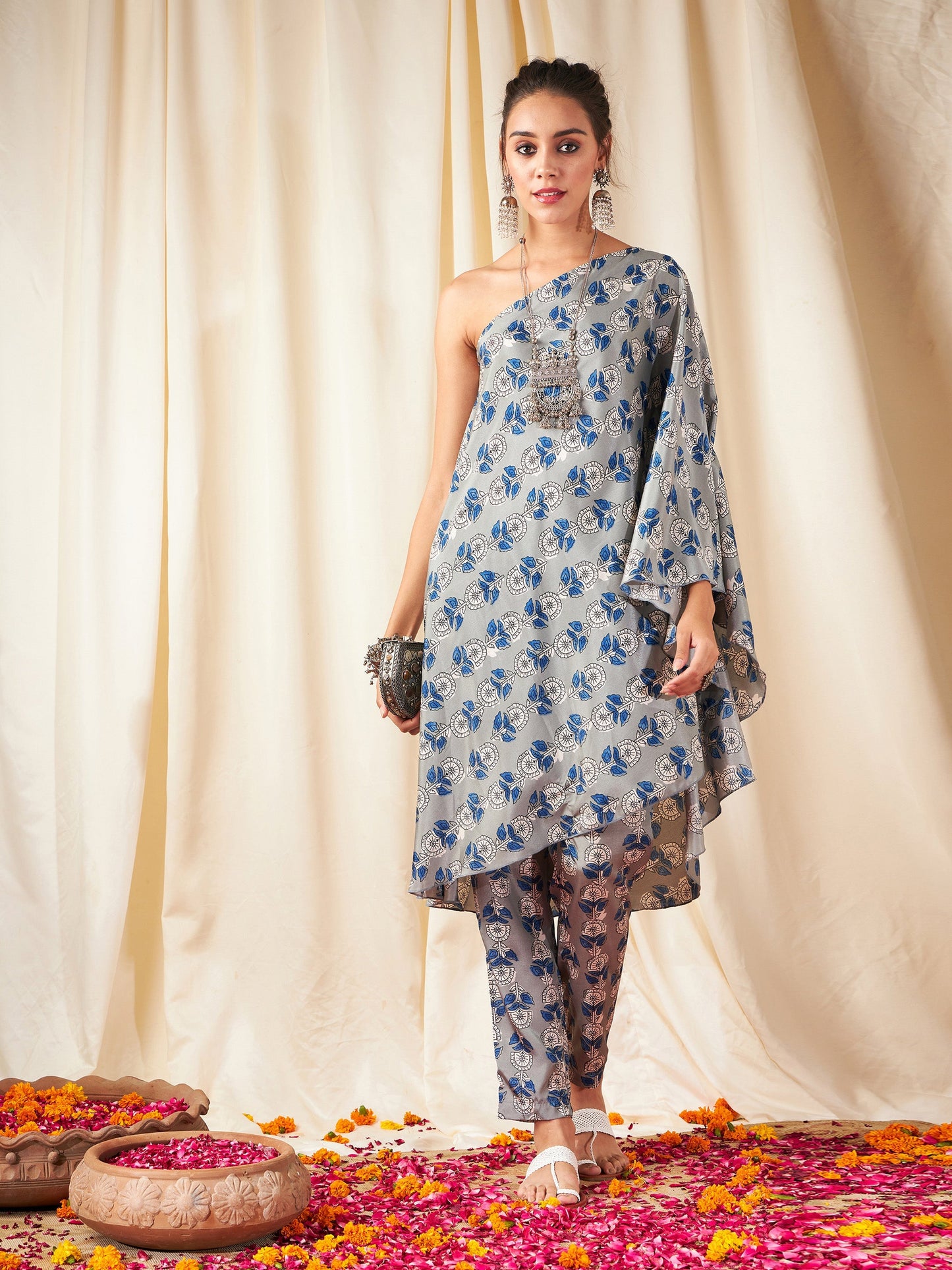 Grey Floral One Shoulder Kaftan Top